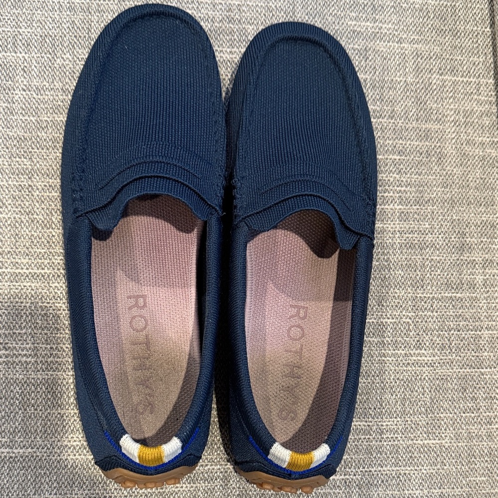 Rothy's Dark Blue Loafers with Yellow and White Trim